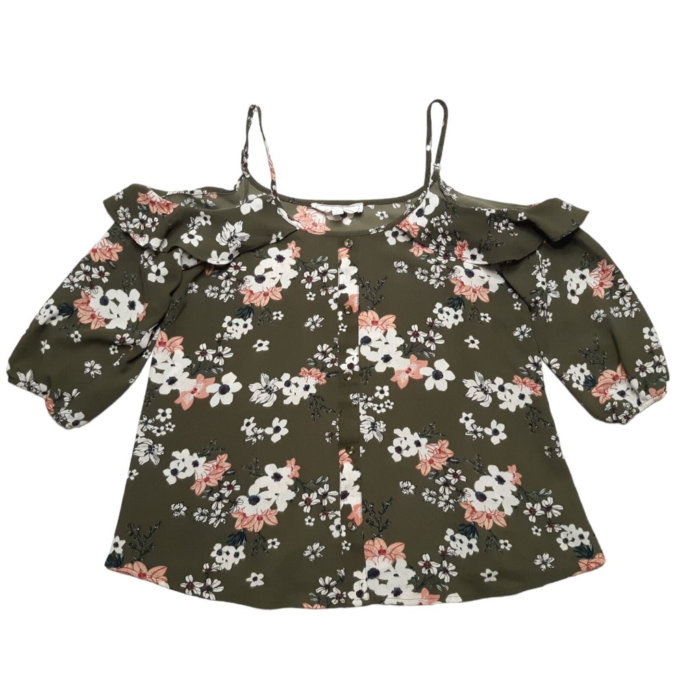 Hippie Rose Top Womens XS Olive Green Button Up Floral Cold Shoulder Ruffle
